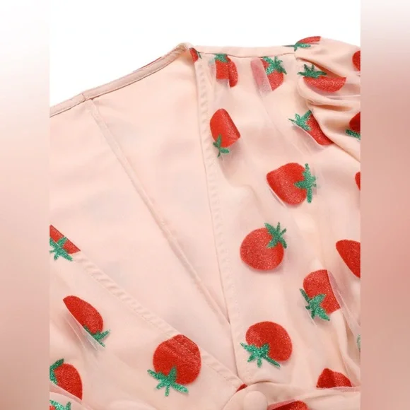 Pink Strawberry Mesh V-Neck Top - Picture 4 of 6